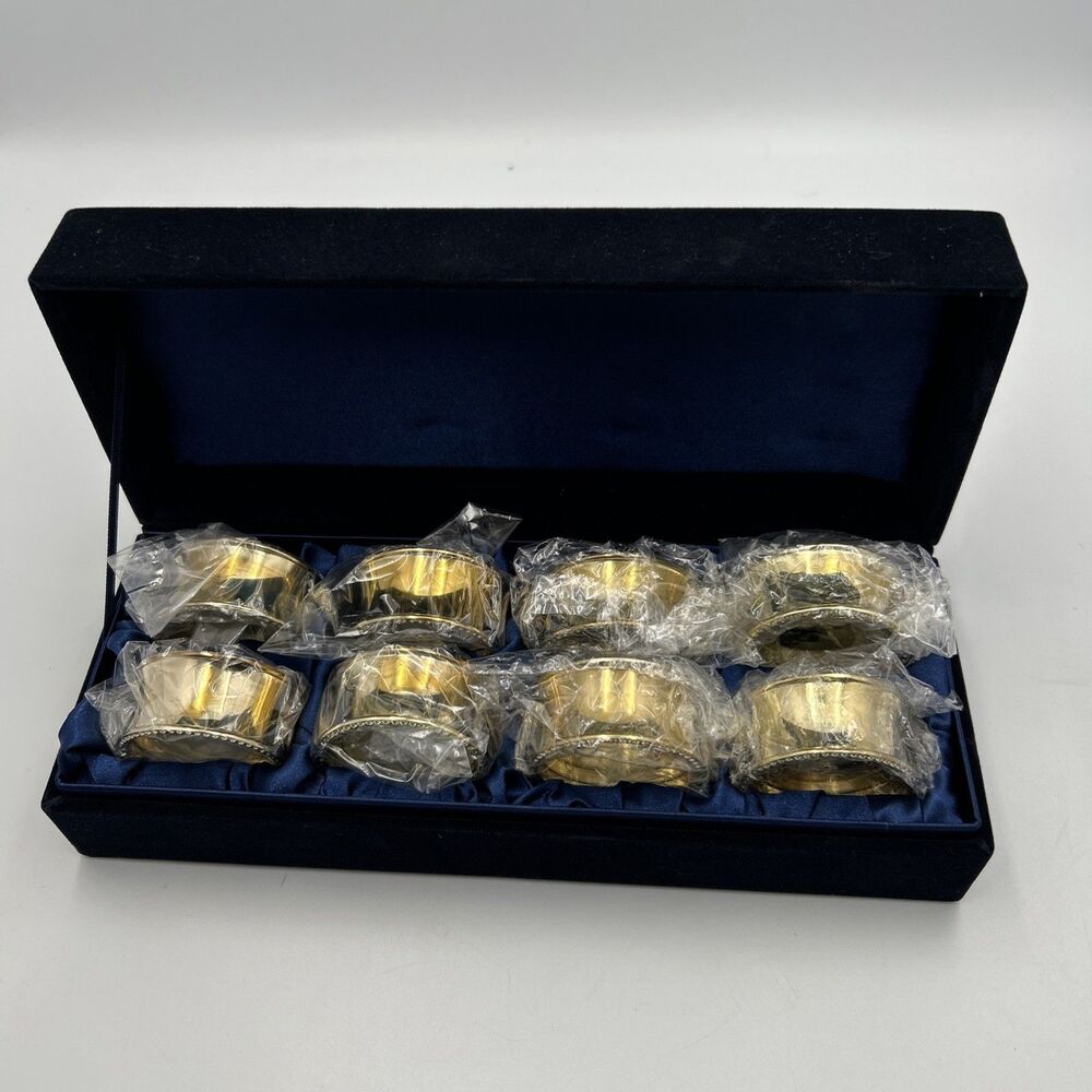 Set of 8 Gold Tone Napkin Rings Beaded Edge Navy Velvet Gift Box Holiday Table